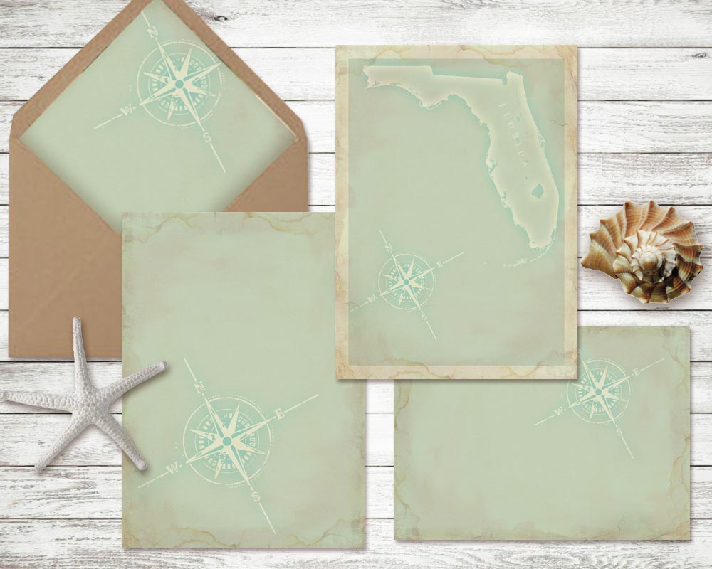Beach Theme - Printable Wedding Invitation Kits Vintage Map Vintage Green Background Florida