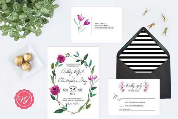 black and white and floral wedding invitation